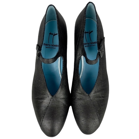 THIERRY RABOTIN STAMPED LIZARD LEATHER PEWTER MARY JANE RETRO BLOCK HEELS - Picture 2 of 16